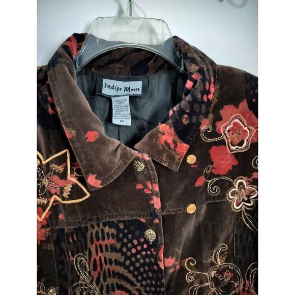3516)Indigo Moon Brown Red Velvet Button Up Long Sleeve Boho Soft Jacket Plus 1X - Picture 6 of 7